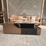 Contemporary Marble-Top Storage Coffee Table with Natural Wood Veneer Accents